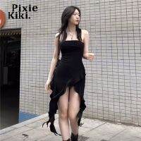 PixieKiki Asymmetrical Ruffle Fringe Long Dresses for Women Y2k Black Dress Sexy Summer Clothes for Womans 2023 P94-BE22