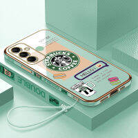 พร้อมปลอกสำหรับ Samsung M14เคส5G M14 5G (ฟรีสายคล้อง) โลโก้ Starbucs ลายขอบสี่เหลี่ยมเคสชุบเคสโทรศัพท์เคสโทรศัพท์นิ่มเคลือบหรูหรา