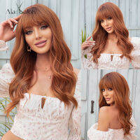 ALAN EATON Red Brown Wigs with Bangs Long Water Wave Synthetic Wigs for Women Ginger Orange Cosplay Daily Heat Resistant Wig