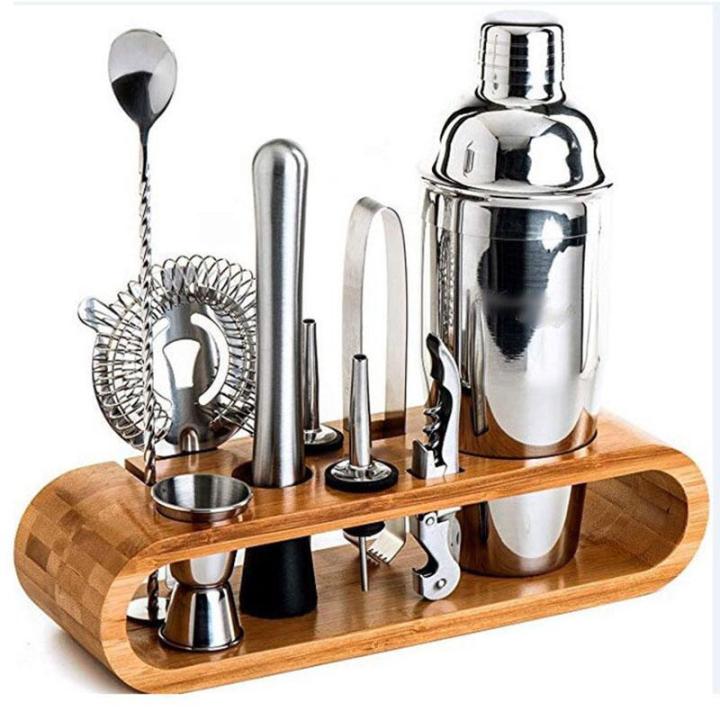 Ready Stock】750ml 10pcs Stainless Steel Liquor Red Wine Cocktail Shaker Bar  Wine Mixer Set Bartender Cocktail Hand Shaker Tool Kit with Bamboo Stand