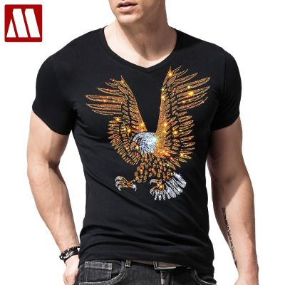 Fashion Streetwear Man Falcon Clothing Animal Eagle 3D Rhinestone T-shirt Summer Casual Men Hawk T shirts Male Short Sleeve Tops