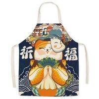 Japanese-style Linen Cartoon Japanese Style Cat Household Apron Kitchen Oil-proof Housework Cleaning Waist Delantal Mujer Aprons