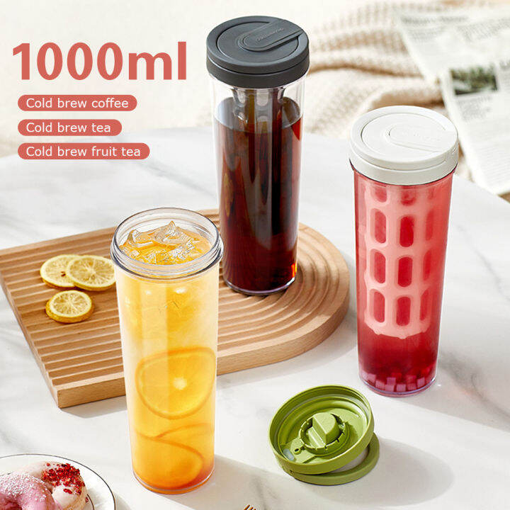 รีบรอลเครื่องทำขวดชากาแฟชงเย็นขนาด1000มล-ขวดดีไซน์เรียบง่ายทันสมัยความจุมากกันรั่วดีไซน์แหวนที่ซ่อนอยู่สำหรับบ้าน