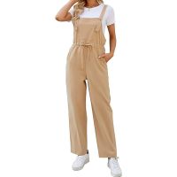 ；【‘；- Casual Fashion Rompers Daily Commuting Dating Student Strap Jumpsuit Solid Pocket High Waist Long Pants Khaki Trousers