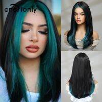 Onenonly Synthetic Wigs Long Black Green Wig For White Women Cosplay Daily Hair Heat Resistant