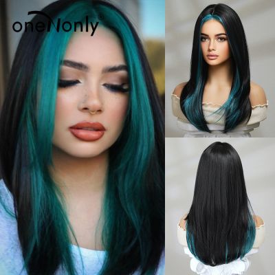 Onenonly Synthetic Wigs Long Black Green Wig For White Women Cosplay Daily Hair Heat Resistant