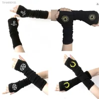 ♧ஐ℗ Punk EMO Style Streetwear Women Wrist Arm Warmer Knitted Long Fingerless Gloves Black Mitten Halloween Cross Gloves Dark Moon