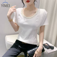 YIMEI เสื้อฤดูร้อนแขนสั้นสตรีลายใบมีระบายสีดำ,เสื้อยืดปักลูกปัดคอกลมใหม่2023เสื้อยืดผู้หญิงสีขาวเกรดสูง