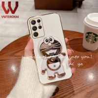 VWTEROKAI Electroplated 3D การ์ตูน Doraemon Stand เคสมือจับสำหรับโทรศัพท์มือถือสำหรับ Samsung Galaxy S8 PLUS S9 PLUS S10 PLUS S20 S21 S22 S23 PLUS S20 S23 S22 S21 Ultra หมายเหตุ20 Ultra S21 FE S20 FE กล้องป้องกันชุบทองนุ่มหลังซิลิโคนฝาครอบ