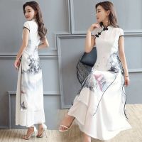 【สต๊อกพร้อม】ฤดูร้อนที่สง่างามบางสตรีเสื้อผ้าภูมิทัศน์จิตรกรรม Cheongsam ชุดสีขาว Qipao เสื้อคลุมชีฟองวินเทจชุดสไตล์จีน