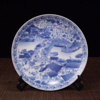 8 Chinese Blue and White Porcelain Scrol Plate Painting Qingming Shanghe Map twelve Gold Hairpins Collection Ornaments