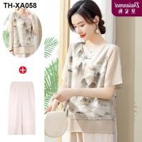 Middle-aged mothers summer chiffon shirt Western-style belly-covering thin top middle-aged and elderly womens temperament small shirt two-piece suit