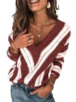 Women Autumn V Neck Long Sleeve Sweater Tops Loose Knit Pullover Sexy Tops Patchwork Striped Print Elegant Pullover Sweater New