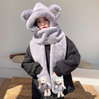 [COD] Hat scarf gloves womens autumn and winter bear ear protection three-piece set scarf plush cute warm hat