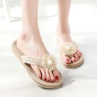 2023 imitation hemp straw tourism bottom flower female sandals flip-flops outside Han fashion beach flat with slippers