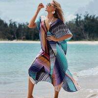 ผู้หญิงบิกินี่แห้งเร็ว Cover-Ups โบฮีเมียนพิมพ์คอวี BeachDress Tunic ผู้หญิง Beachwear Kaftan ชุดว่ายน้ำ Cover Up