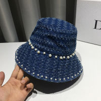 Luxury Designer Denim Bucket Hat with Pearls for Women Fisherman Caps Jean Bob Cap Streetwear Sun Protection Panama Hats