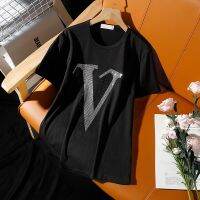 Fashion Leisure hot diamonds alphabet “V” short-sleeve t-shirt 2021 summer new Round neck hot drill loose tops XS-4XL-5XL-6XL