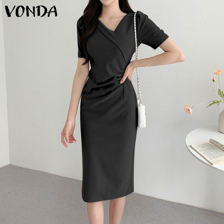 จัดส่งฟรี-fancystyle-vonda-ผู้หญิงธุรกิจชุดเดรสคอวีสง่างามแบบลำลองแขนสั้นจีบรอบชุดเดรสมิดี