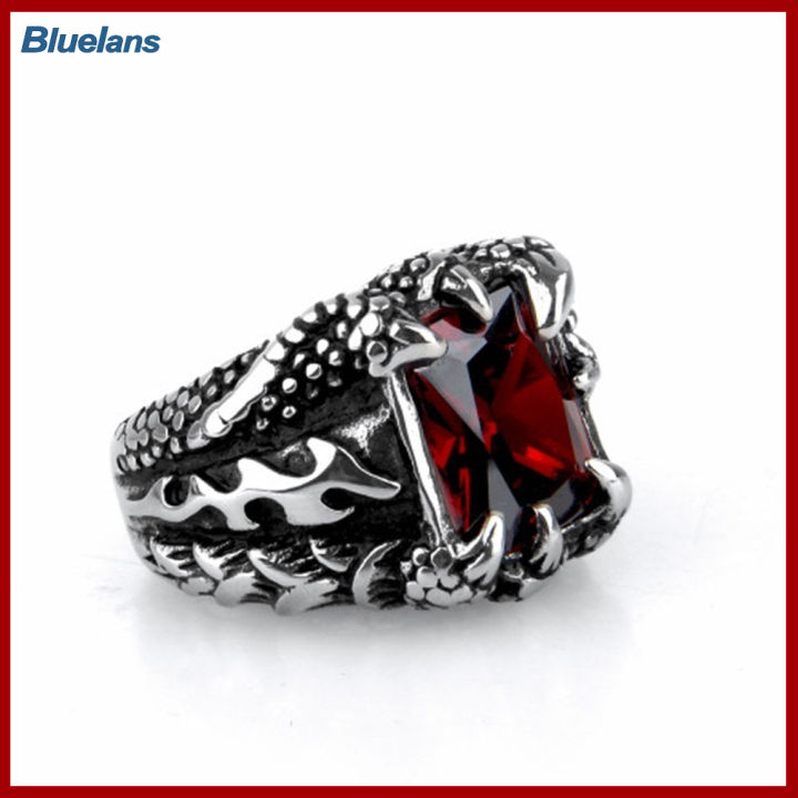 Bluelans®แหวนเหล็กไททาเนียมย้อนยุครูปกรงเล็บเจ้ามังกรอิทฤทธิ์ของขวัญแหวนเพทายสำหรับผู้ชาย