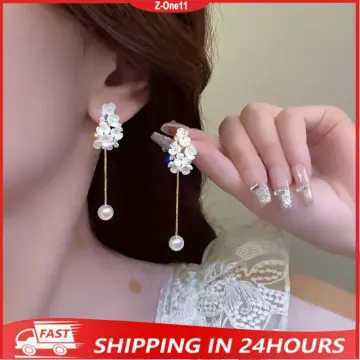 Beautiful Flower Star Blossom Diamond Long Earrings Double Drop