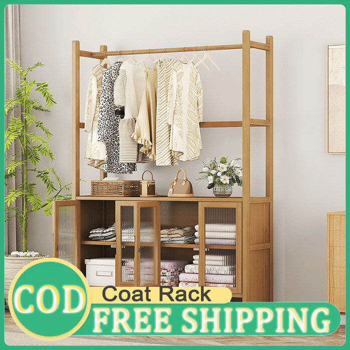 【Ready stock】 Bamboo and Wood Clothes Hanging Rack with Storage Rack
