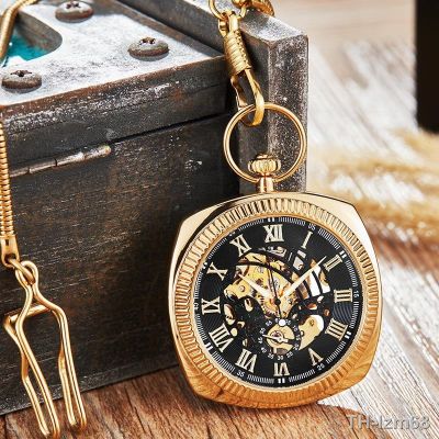 ⌚ นาฬิกา All copper vintage pocket watch creative square the Roman character ms manual mechanical pocket watch male supe