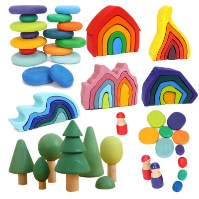 Baby Toys Wooden Rainbow Wooden Blocks Montessori Wooden Toys House Tree Cars Loose Parts Stacking Toy Educational Toys