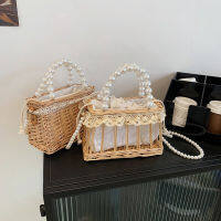 Fashion Rattan Lace Pearl Shoulder Bag Basket Drawstring Tote Bags Summer Women Bags Girls Small Beach Handbag