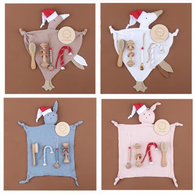 6Pcs Baby Cotton Soothe Appease Towel Set Baby Christmas Gift Wooden Handle Brush Infant Comb Head Massager Pacifier Clips
