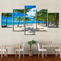 ภาพวาดผ้าใบ HD Palm Tree และ Beach-ภาพซีสเคปวันหยุดฤดูร้อน-Home Wall Art Decor-ชุด5ชิ้น