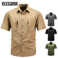 JEEP SPIRIT เสื้อผู้ชายสไตล์ฮ่องกง,เสื้อแขนสั้นสไตล์ญี่ปุ่นเสื้อเชิ้ตแขนยาวแห้งเร็วกระเป๋าหลายใบฤดูร้อนการตกปลาการปีนเขาเสื้อแขนส