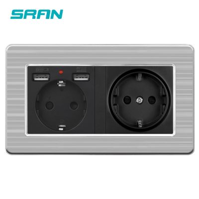 ☽¤ SRAN EU dual frame power socket and socket with usb output 5v2.1A with hidden indicator stainless steel panel 146mmx86mm