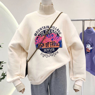 Vintage Letters Print Thick Warm Sweatshirt Women Oversized Turtleneck Design Winter Tops Casual Harajuku Teens Girls New Korean