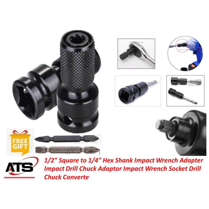 1/2" Square to 1/4" Hex Shank Impact Wrench Adapter Impact Drill Chuck