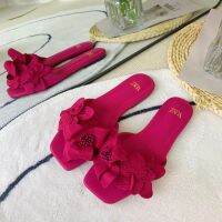 Rose Red Flower Decorative Flat Sandals New Sexy French Joker Toe Baring Sandal Womens za.ra summer 2023 slides