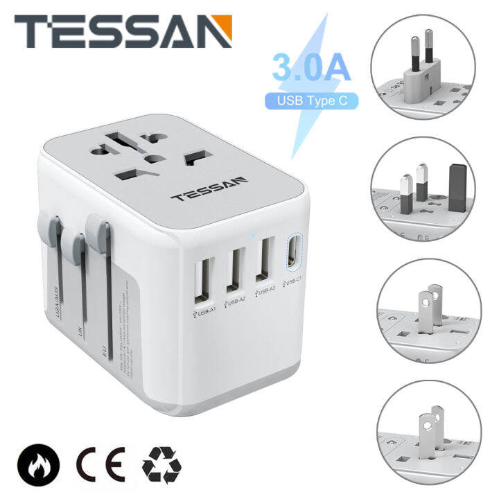 TESSAN Universal Adapter Travel Charger Power Plug with Socket 4 USB 2.4A + 1 TypeC 3.0A
