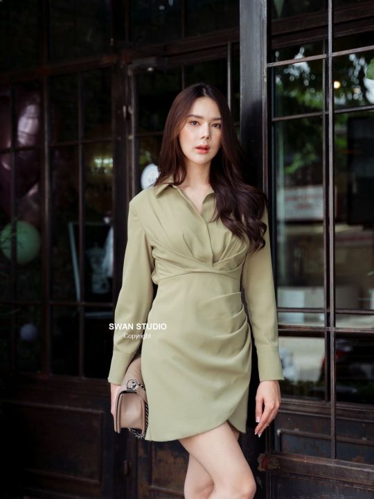 p018-007-pimnadacloset-long-sleeve-collar-button-down-twill-pleat-tucks-mini-wrap-dress