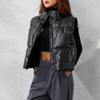 ✙ Womens Sleeveless Coats Color Zip-Up Side Pockets Mock-Neck Ladies Outerwear