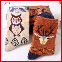 ZHEZHE 1 Pair Women Winter Cartoon Cotton Animal Print Thick Warm Wool Socks Cat Deer Owl