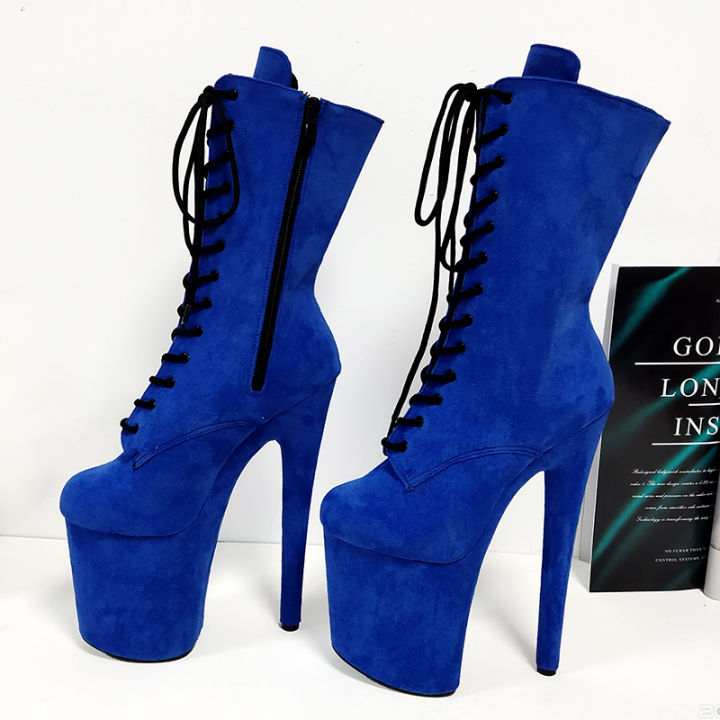 new-peep-toe-8-inches-super-stiletto-heels-flock-lace-up-low-tube-ankle-boots-20cm-stripper-shoes-pole-dancing-y-fetish-blue