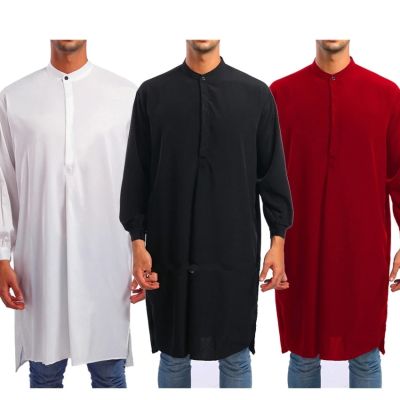 สีทึบซาอุดิอาหรับเสื้อเชิ้ตผู้ชายมุสลิม,เสื้อเชิ้ตมีกระดุมแบบดั้งเดิมเสื้อผ้าเสื้อแขนยาวไสตล์อิสลามตุรกีลำลองแบบตุรกี