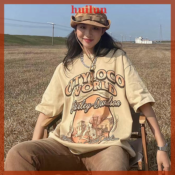 huilun-ชุดเสื้อผู้หญิงคอกลมเสื้อยืดพิมพ์ลายย้อนยุคสำหรับฤดูร้อนเสื้อยืดแบบหลวมลำลองแขนสั้น