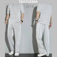 SEATUEMA ชุดกีฬา Ice Silk ผู้ชายฤดูร้อนเสื้อยืดแขนสั้นบางแห้งเร็วกางเกงขายาวลำลองกับเสื้อผ้าแขนครึ่ง