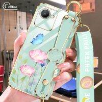 เคสโทรศัพท์คอลไฟสำหรับ OPPO Realme C30S C30 Narzo 50A Prime รม์แบบดอกไม้ผีเสื้อสายรัดข้อมือซิลิโคนชุบไฟฟ้าเชือกยาวป้องกันการตก