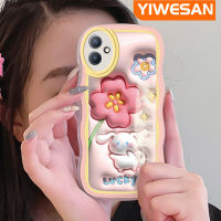 YIWESAN เคสสำหรับ VIVO Y30 5G Y52T 5G Y33E 5G Y33S 5G IQOO U5E 5G เคสสีชมพู3D น่ารักดอกไม้กับกระต่ายขอบคลื่นสีซอฟท์กันกระแทกแบบใสเคสมือถือสร้างสรรค์กล้องซิลิกาเจลฝาครอบป้องกัน