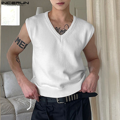 INCERUN เสื้อถักคอวีแขนกุดสำหรับผู้ชาย,เสื้อกั๊กถักเปิดหลังอเนกประสงค์ดีไซน์มินิมอล (สไตล์เกาหลี)