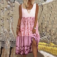 Retro Floral Print Patchwork Party Dress Women Casual O Neck Ruffle Long Dress Summer Sleeveless A-Line Beach Dresses Plus Size