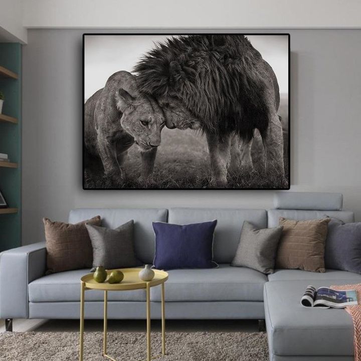 love-kiss-between-lions-black-and-white-canvas-art-painting-posters-and-prints-scandinavian-wall-art-picture-for-living-room