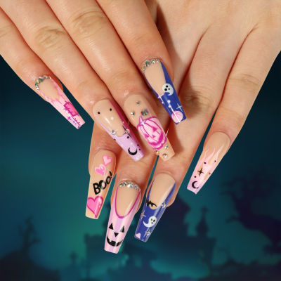 Halloween Press on Nails Long Square French Fake Nails Full Cover False Nails for Women and Girls 24Pcs